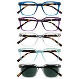 OPULIZE KOI Leesbrillen met Zonnelezer 5-Pack - Rechthoekig Montuur - Zwart-Paars-Helder-Aqua-Helder - Heren Dames - Veerscharnieren - RRRRS50-35CQC - +2.00