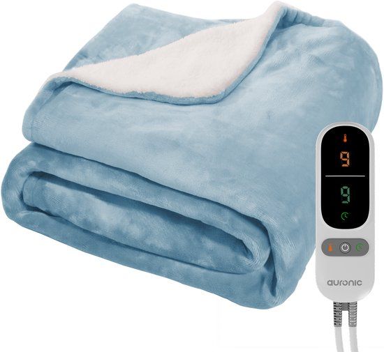 Auronic Elektrische Deken - 180 x 130 cm - 1 Persoons Warmtedeken - Sherpa Fleece - Lichtblauw