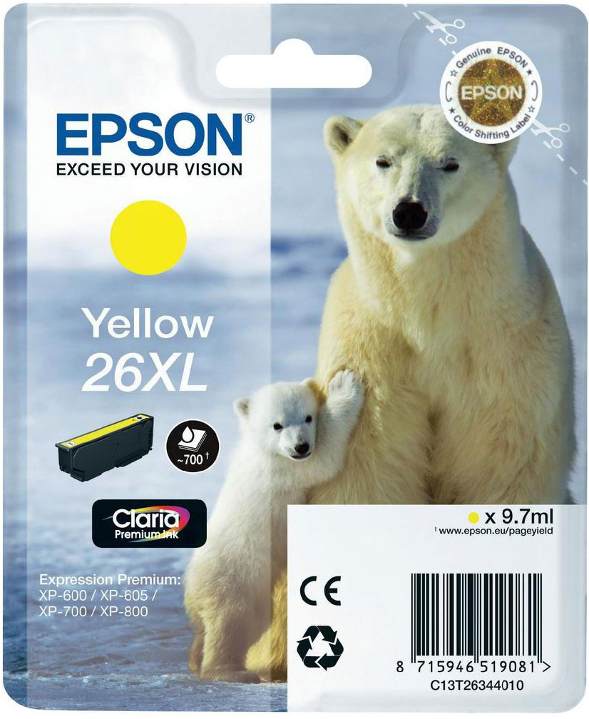 Epson Polar bear Singlepack Yellow 26XL Claria Premium Ink single pack / geel