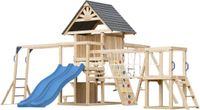 AXI Hunter Speeltoestel met Schommels, Klimrek, Klimbrug en meerdere Platforms – Blauwe Dubbele Glijbaan - FSC 100% hout – Speeltoren voor de tuin / buiten