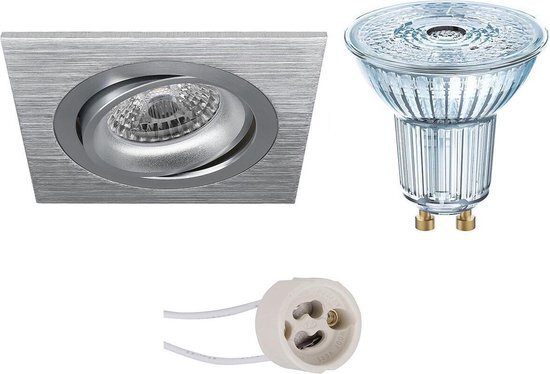 Osram - LED Spot Set - Parathom PAR16 930 36D - Pragmi Borny Pro - GU10 Fitting - Dimbaar - Inbouw Vierkant - Mat Zilver - 5.5W - Warm Wit 3000K - Kantelbaar - 92mm