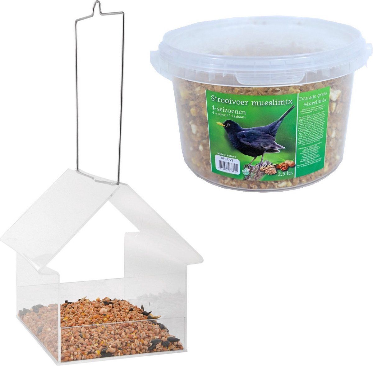 Esschert Design Vogelhuisje/voedertafel transparant kunststof 15 cm + 4-seizoenen mueslimix vogelvoer