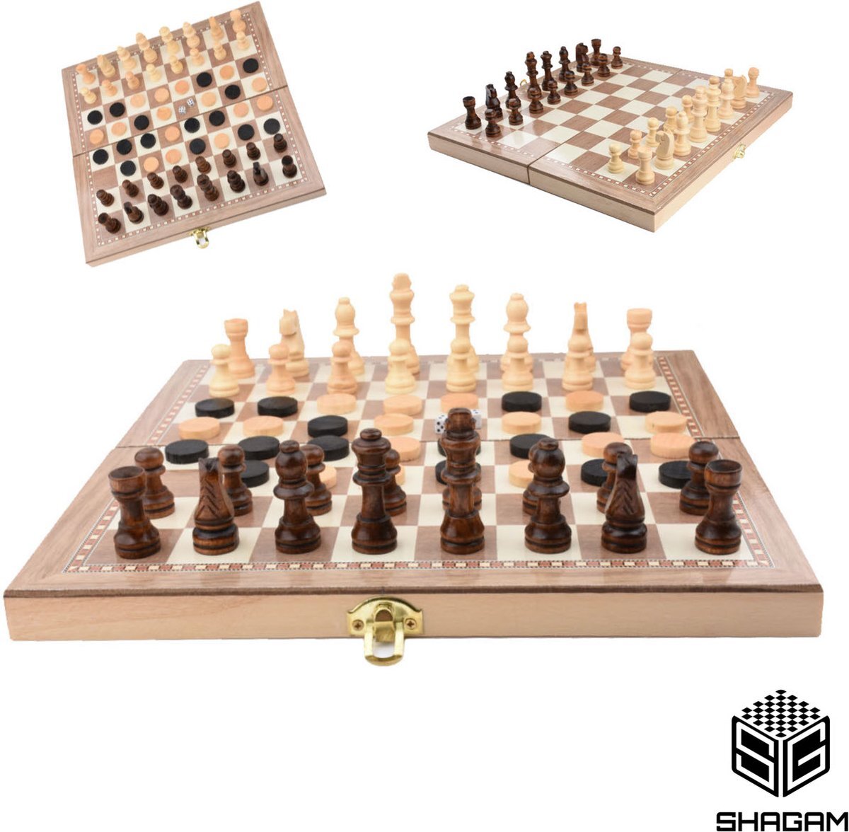 Shagam 3-in-1 Bordspel - 49 cm - Schaakbord - Dambord - Backgammon - Schaakspel - Schaakset - Schaken - Dammen - Met Schaakstukken - Chess - Hout - Opklapbaar