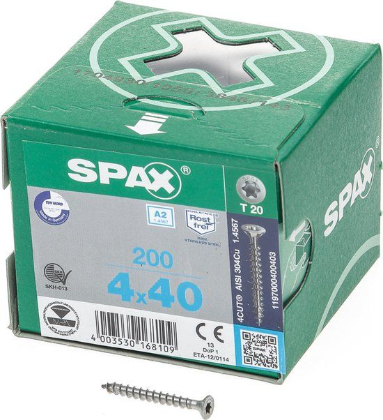 ABC-Spax R.v.s. schroef, 4 x 40 mm, 200 stuks, volledig schroefdraad, platkop, T-STAR plus T20, 4CUT, roestvast staal A2 - 1197000400403