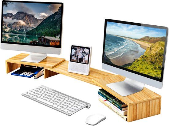 Fleau Home Verstelbare Monitor Verhoger - Laptopstandaard - Ergonomische Bureau organizer - Dubbele Monitorstandaard met Lade - Verhoging - Hout - Licht hout 2