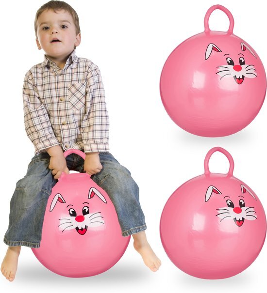 Relaxdays 3 x skippybal in set - voor kinderen - Met konijn opdruk - springbal - roze