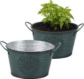 Sunnydays Plantenpot/bloempot teil - 2x - zink - rond - petrolblauw - D22 x H12 cm