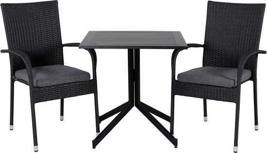 Hioshop Way tuinmeubelset tafel 70x70cm en 2 stoel Anna zwart.