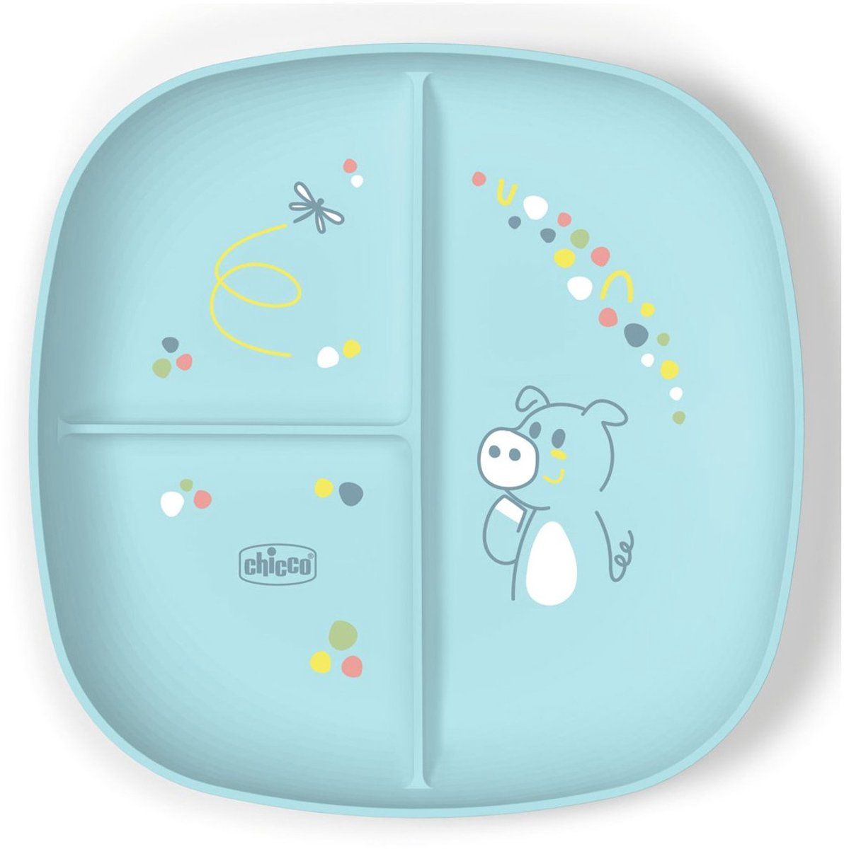 Chicco Dinerborden voor baby's en kinderen, platte borden met vakken met 3 gebieden om nieuwe aroma's te ontdekken, vaatwasmachinebestendig, magnetronbestendig, BPA-vrij, vanaf 12 maanden, lichtblauw