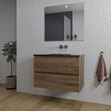 Saniclass Chaci Ensemble de meubles de salle de bain - 80x46x55cm - lavabo en céramique noir - 1 vasque - sans trou pour robinet - 2 tiroirs - miroir rectangulaire - noyer (bois)