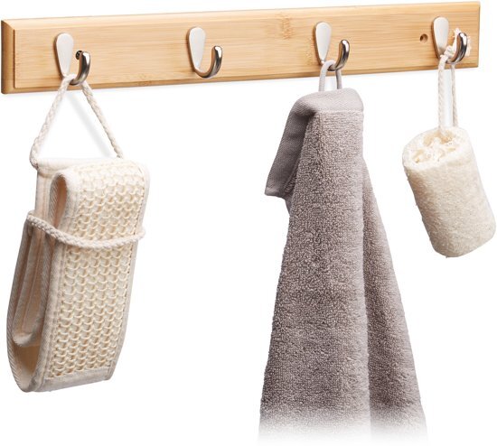 Relaxdays ophanghaken bamboe - haakjes voor handdoeken - wandhaken garderobe - badkamer M