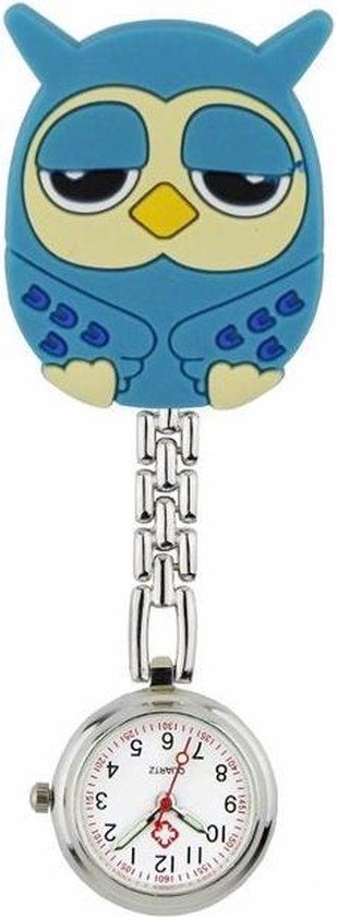 Fako® Verpleegstershorloge - Zusterhorloge - Uiltje Blauw - Zilverkleurig - Staal - 26 mm