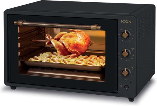 ICQN XXL Vrijstaande Retro Oven - 60L - Zwart - Hetelucht - Grill - Draaispit - Vintage