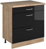 Vicco Keukenonderkast R-Line, Zwart hoogglans/Goudkleurig Eiken, 80 cm met 3 laden goudkleurig eiken werkblad