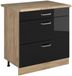 Vicco Keukenonderkast R-Line, Zwart hoogglans/Goudkleurig Eiken, 80 cm met 3 laden goudkleurig eiken werkblad