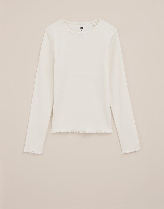 WE Fashion Meisjes T-shirt van ribstof Lange mouw Ronde hals Katoen Elastaan Wit Maat 170/176