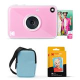 KODAK Printomatic+ 10MP Instantcamera Startpakket (Blauw) met Draagtas, RGB-LED-indicator en ZINK 20-stuks Kleefpapier – Roze