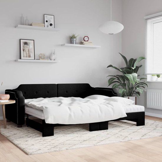 vidaXL Slaapbank met onderschuifbed en matrassen 100x200 cm stof zwart
