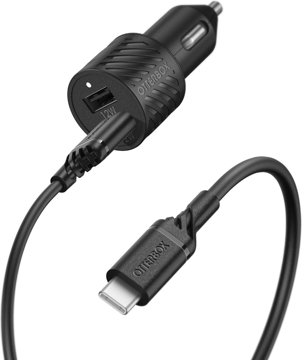 OtterBox Dual Port Premium Car Charger 24W + Nylon Braided Charge/Sync Cable USB-A/USB-C 1m Black