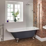 Hudson Reed Elton Baignoire îlot rétro d'angle droit – Gris pierre – 168,5 x 75 cm – Pare-baignoire chromé – Pieds chromés