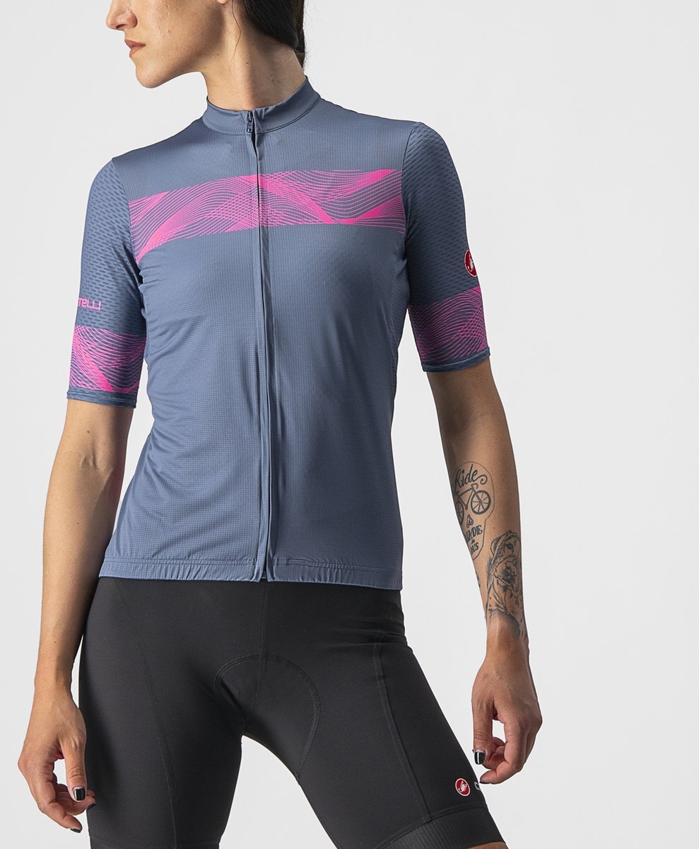 Castelli Fietsshirt Korte Mouwen Dames Blauw Roze - FENICE JERSEY LIGHT STEEL BLUE PINK FLUO-L