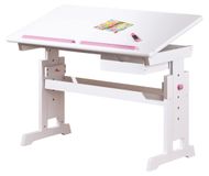 Bureau en bois massif de pin, blanc rosé, avec plateau réglable en hauteur et inclinable