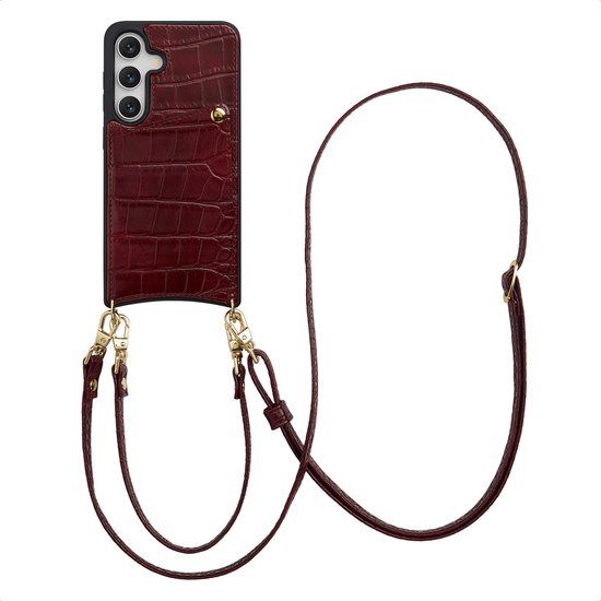 Selencia Hoesje - Geschikt voor Samsung Galaxy S24 / S25 - Croco Backcover met koord en pashouder - Burgundy
