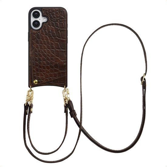 Selencia Hoesje - Geschikt voor Apple iPhone 16 - Croco Backcover met koord en pashouder - Choco Brown