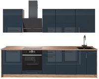 Vicco Complete keukeneenheid Fame-Line, Donkerblauw hoogglans/Goudkleurig Eiken, 280 cm