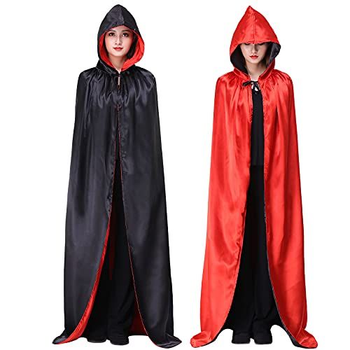 Myir JUN Cape Zwart Rood, Omkeerbaar Cape met Capuchon voor Volwassenen Kind Vampier Cape Halloween (Zwart Rood, XL)