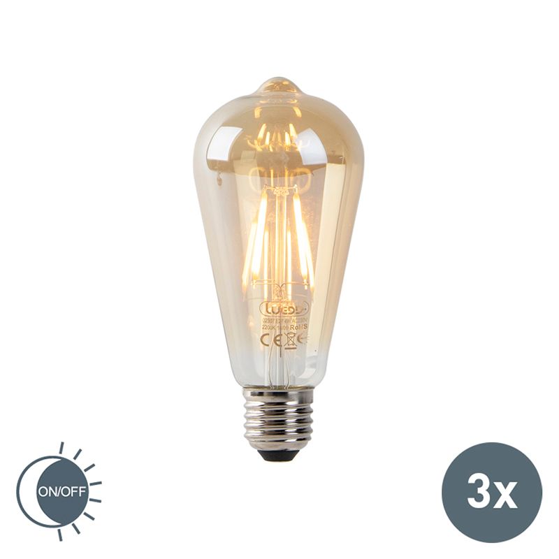 LUEDD Set van 3 LED ST64 4W 2200K goud met licht-donker schakelaar