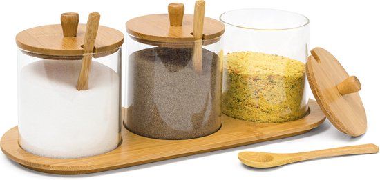 Merkloos glazen kruidenpotjes met organizer - deksel - lepel - bamboe