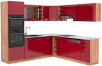Vicco Hoekkeuken R-Line, Rode hoogglans/Goudkleurig Eiken, 247 x 237 cm, WB Marmer