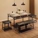 Table de salle à manger industrielle avec 2 chaises et un banc - Convient pour 4 personnes - Plateau en bois avec rangement - Cadre en métal robuste - Gain de place, idéal pour une petite salle à manger ou une cuisine - Gris
