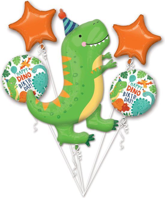 Helium Ballonnen Boeket Dinosaurus Dino-Mite - Groen/Oranje - 5 stuks