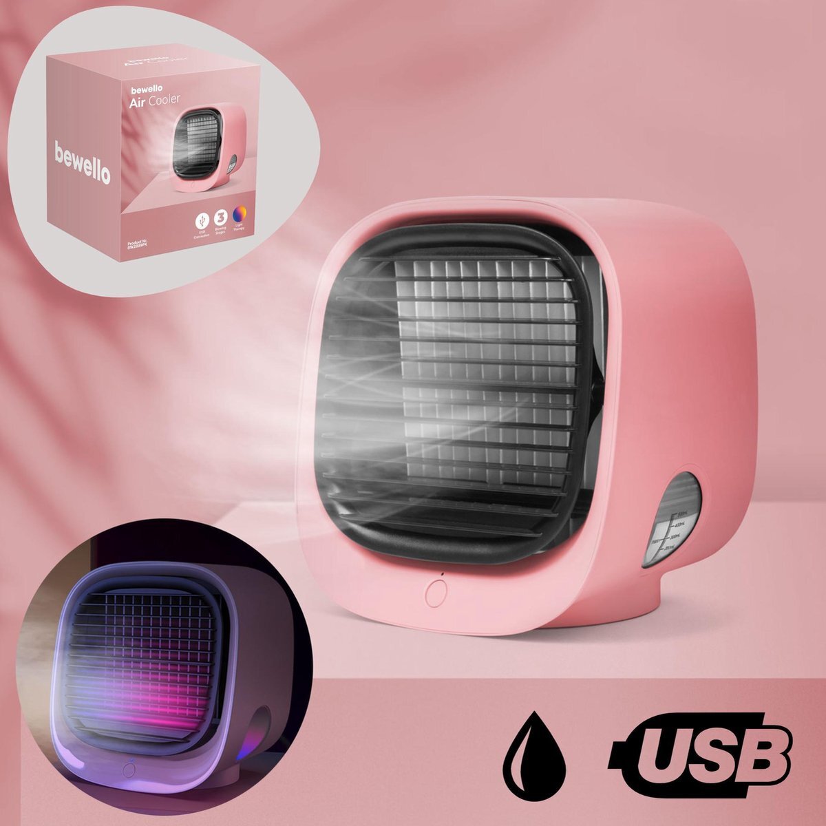 Bewello Bewello® - Mini USB Ventilator met Luchtkoeler - Kleine Tafelventilator Airco - Roze - Mobiele Water Aircooler - met LED moodlight - Fluisterstil