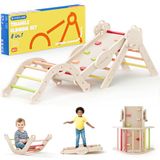 COSYLAND Klimrek Indoor M – Speelset 8-in-1 met Klimboog, Klimdriehoek en Glijbaan – Massief Houten Speeltoestel – Vanaf 18 Maanden – Natuurlijk/Warm