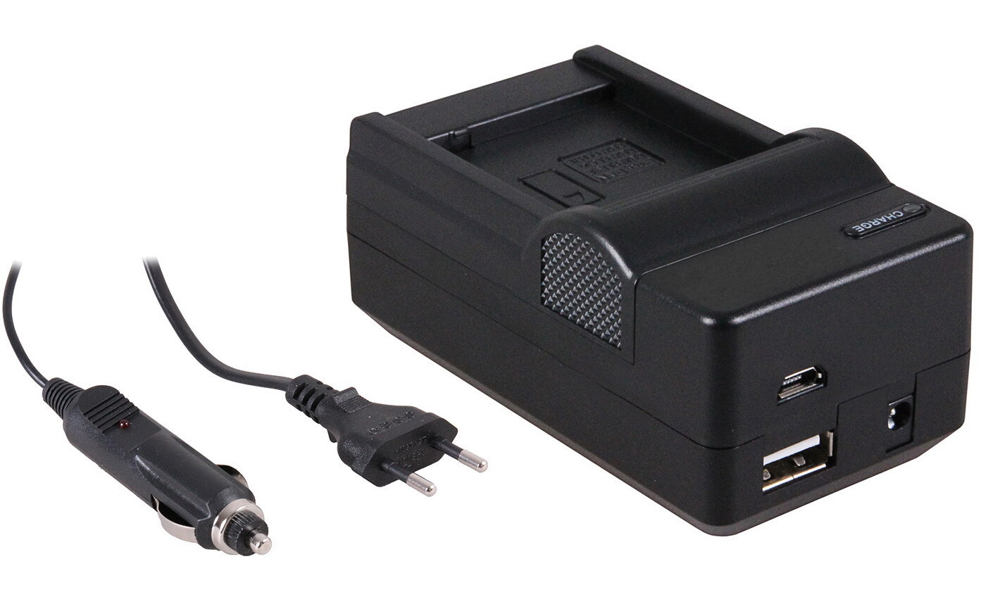 - (compatible) 4-in-1 acculader voor Panasonic DMW-BLG10PP accu - compact en licht - laden via stopcontact, auto, USB en Powerbank