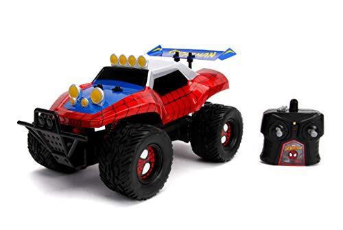 Jada Toys 253228000 Spider Marvel RC Spiderman, Buggy, op afstand bestuurbare auto, turbofunctie, 2-kanaals afstandsbediening, USB-laadfunctie, incl. batterijen, 1:14, rood/blauw, één maat