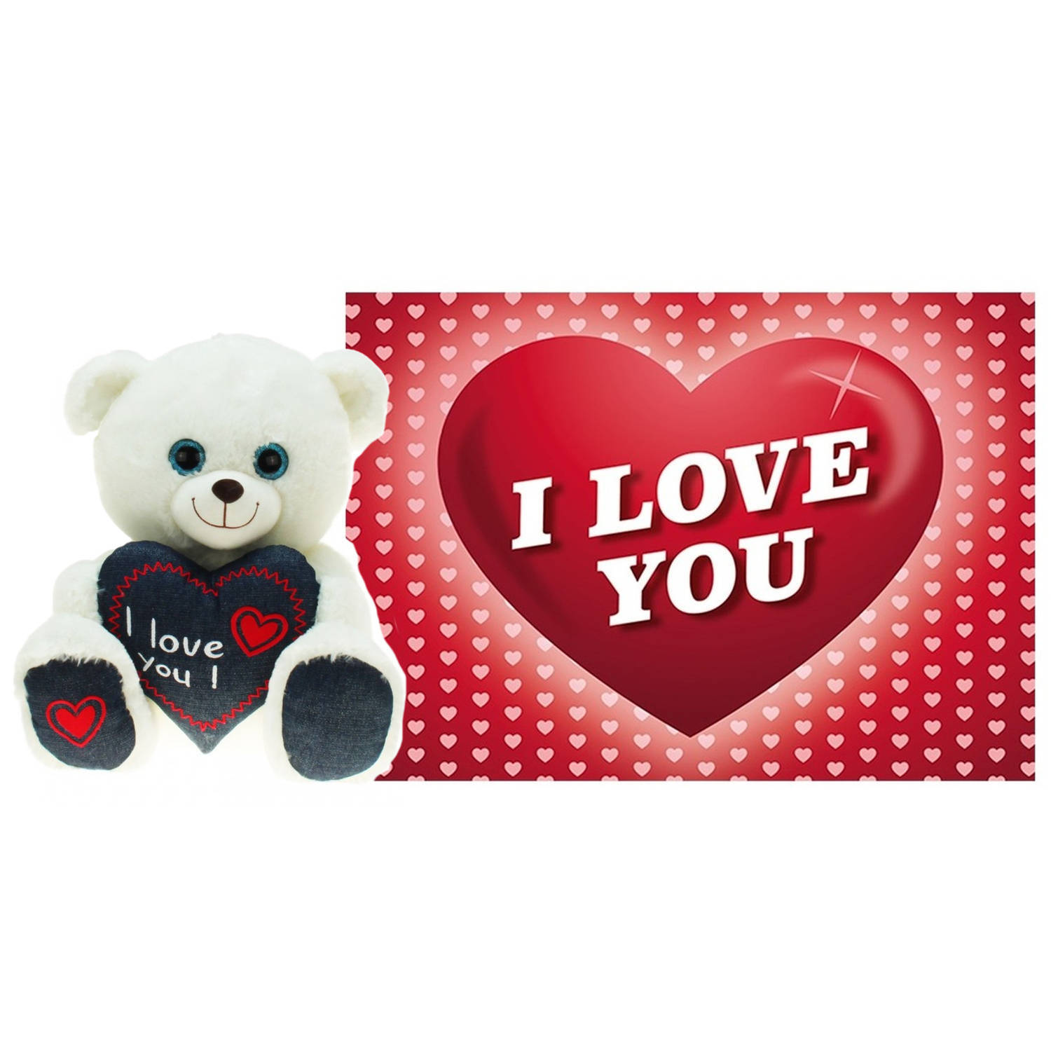 Heunec Knuffelbeer Valentijn I Love You beertje - 30 cm - met Love You wenskaart