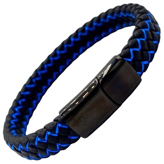 Rhylane - Gevlochten Heren Armband - Leer & Staal - Zwart/Blauw - Maat L (21 cm)