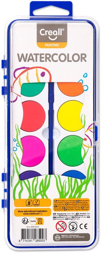 Creall Waterverfdoos met Penseel, 12 Kleuren