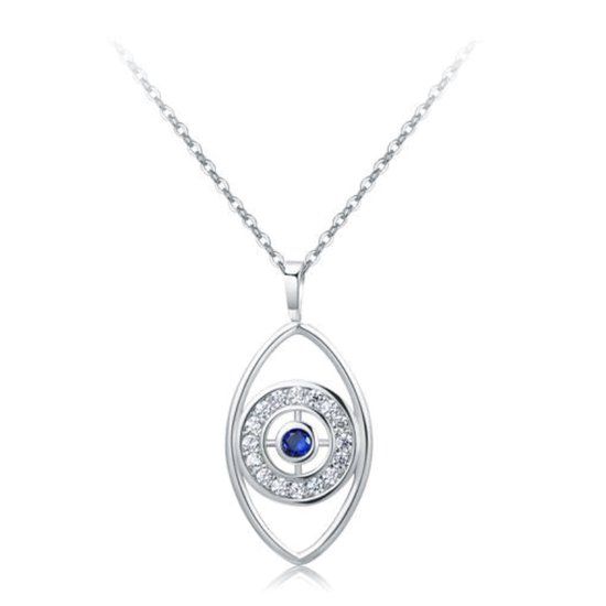 LGT JWLS Lookinggoodtoday Zilverkleurige Evil Eye Dames Ketting met Witte en Blauwe Zirkonia