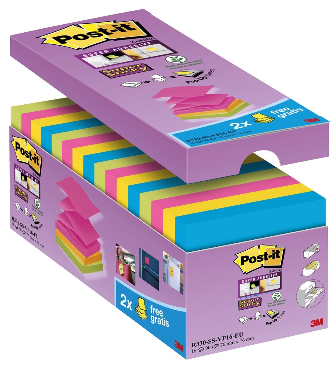 Post-it Memoblok z-note s330-16 76x76mm super sticky 14+2