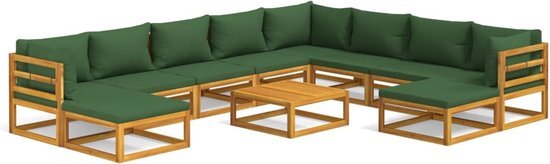 vidaXL 11-delige Loungeset met groene kussens massief hout