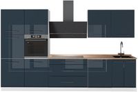 Vicco Complete keukeneenheid Fame-Line, Donkerblauw hoogglans/Wit, 340 cm, WB Eik