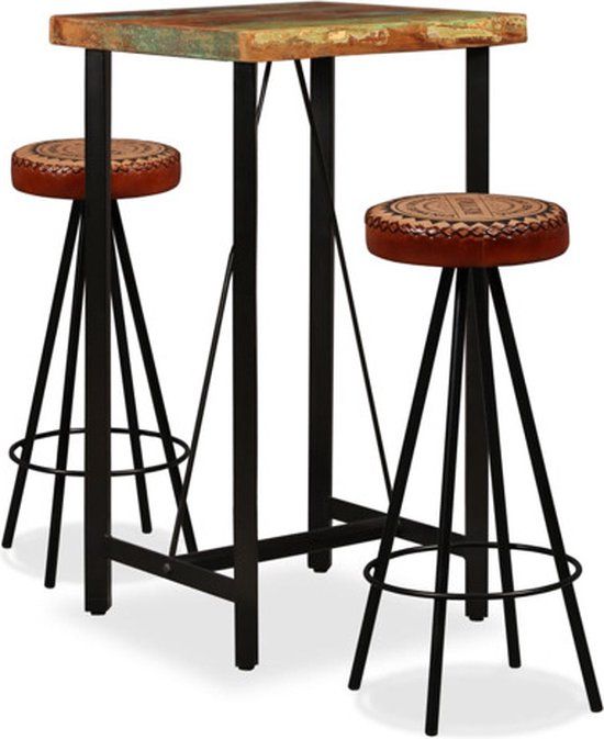 vidaXL Barset massief gerecycled hout, echt leer en canvas 3-delig