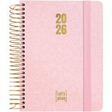 Grafoplas Kalender 2026, weekoverzicht, A6, Spaans, metallic roze, met stickers, hardcover, gevoerde hardcover, spiraalbinding, rubberen sluiting, van januari tot december, FSC, 120 pagina's