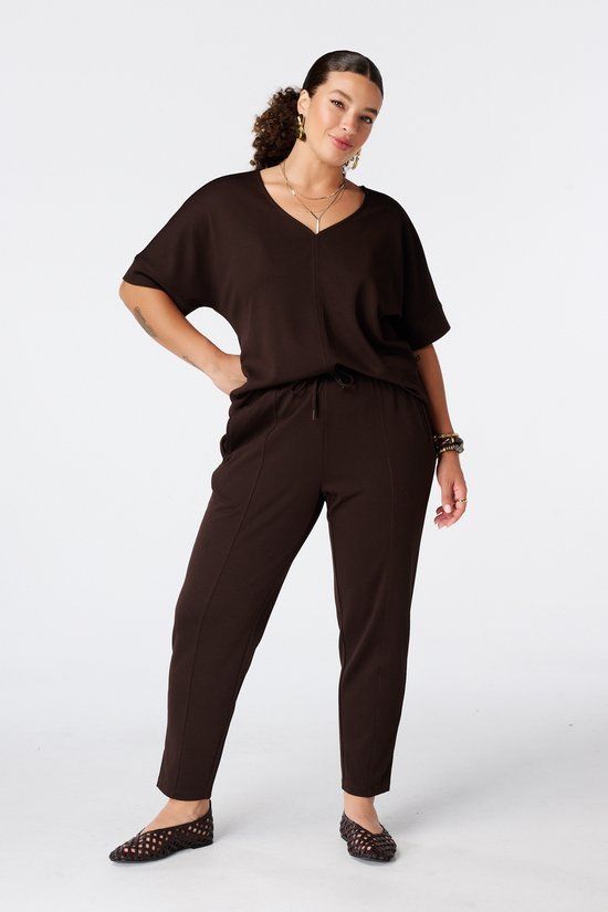 MS Mode Broek met strikkoord - Donker bruin - Maat 52