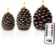 Meisterhome LED Kaarsen Dennenappels – 3-delige Set – Echte wax - met Flikkerend Warm Wit Licht – Timer & Afstandsbediening – Batterij – Kerstdecoratie
